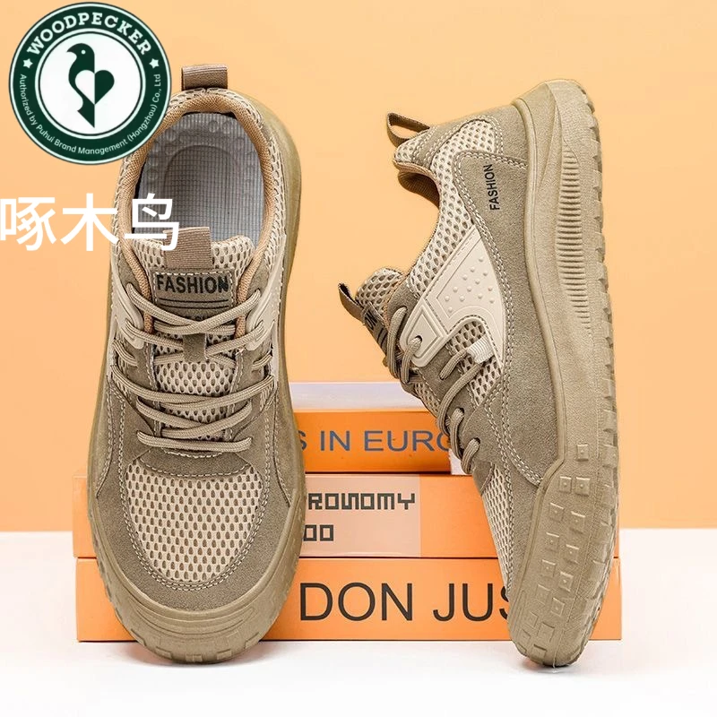 啄木鸟男鞋新款透气网面鞋子男韩版百搭防滑耐磨工地上班劳保鞋板