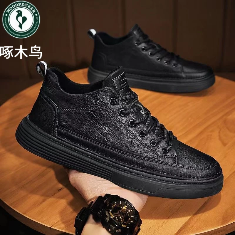 啄木鸟新款男鞋新款透气防水防滑鞋子男款韩版百搭黑色皮鞋休闲板