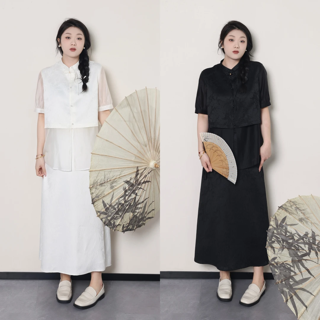 裂渡宣宣【月光流萤】微胖大码女夏新中式衬衫+半身裙套装 ZY404Q52