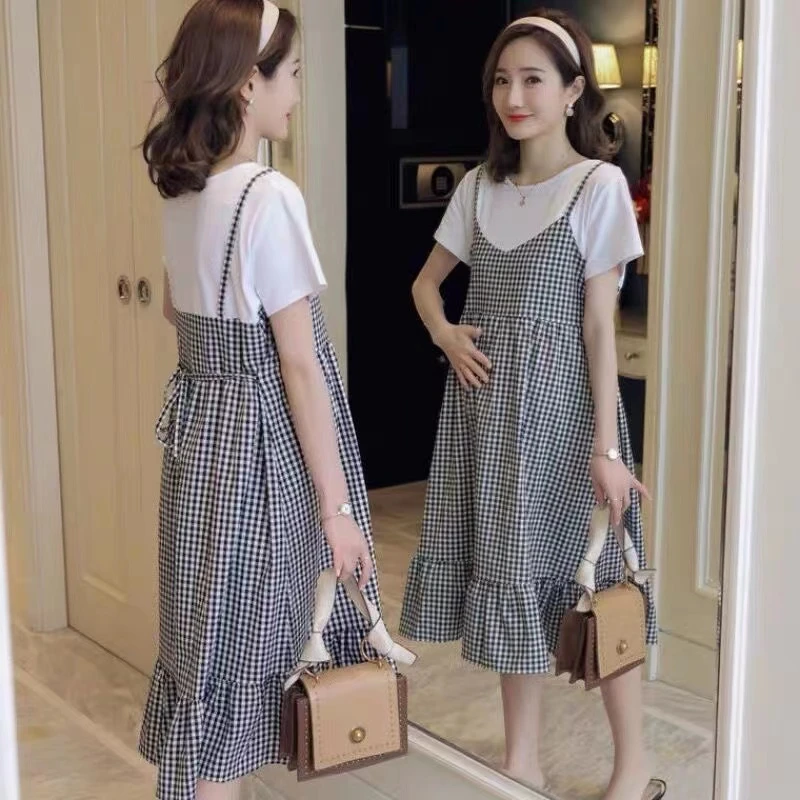 孕妇装夏装套装长款连衣裙2023新款假两件孕妇长裙短袖孕妇上衣服