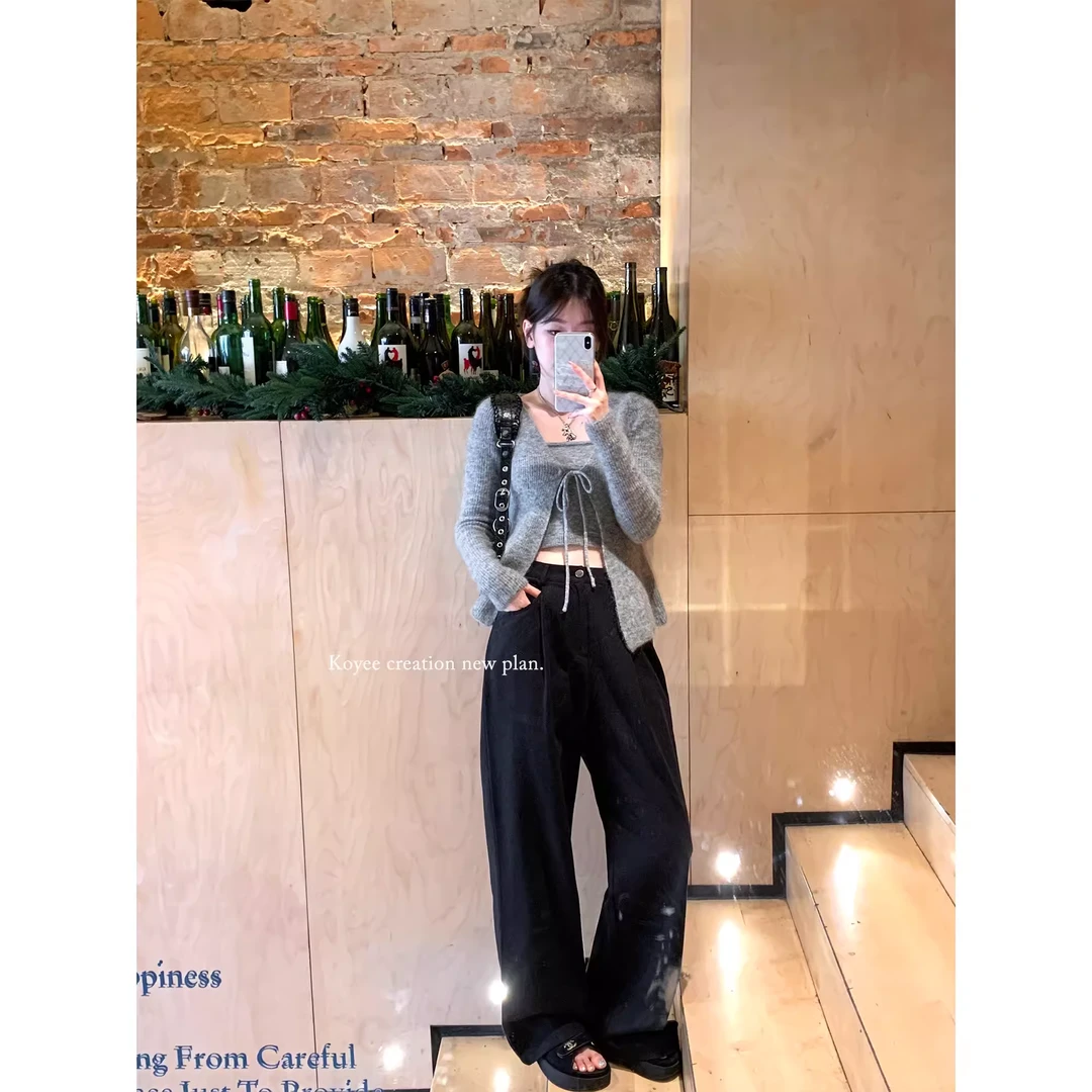 孔一粒休闲裤女2024春季宽松直筒阔腿裤高腰长裤拖地裤子N6006