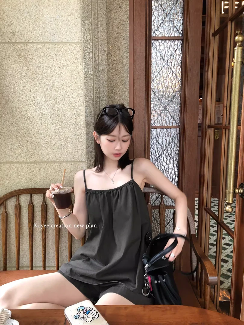 孔一粒 N6603洗水做旧吊带背心套装女夏季显瘦阔腿短裤气质两件套