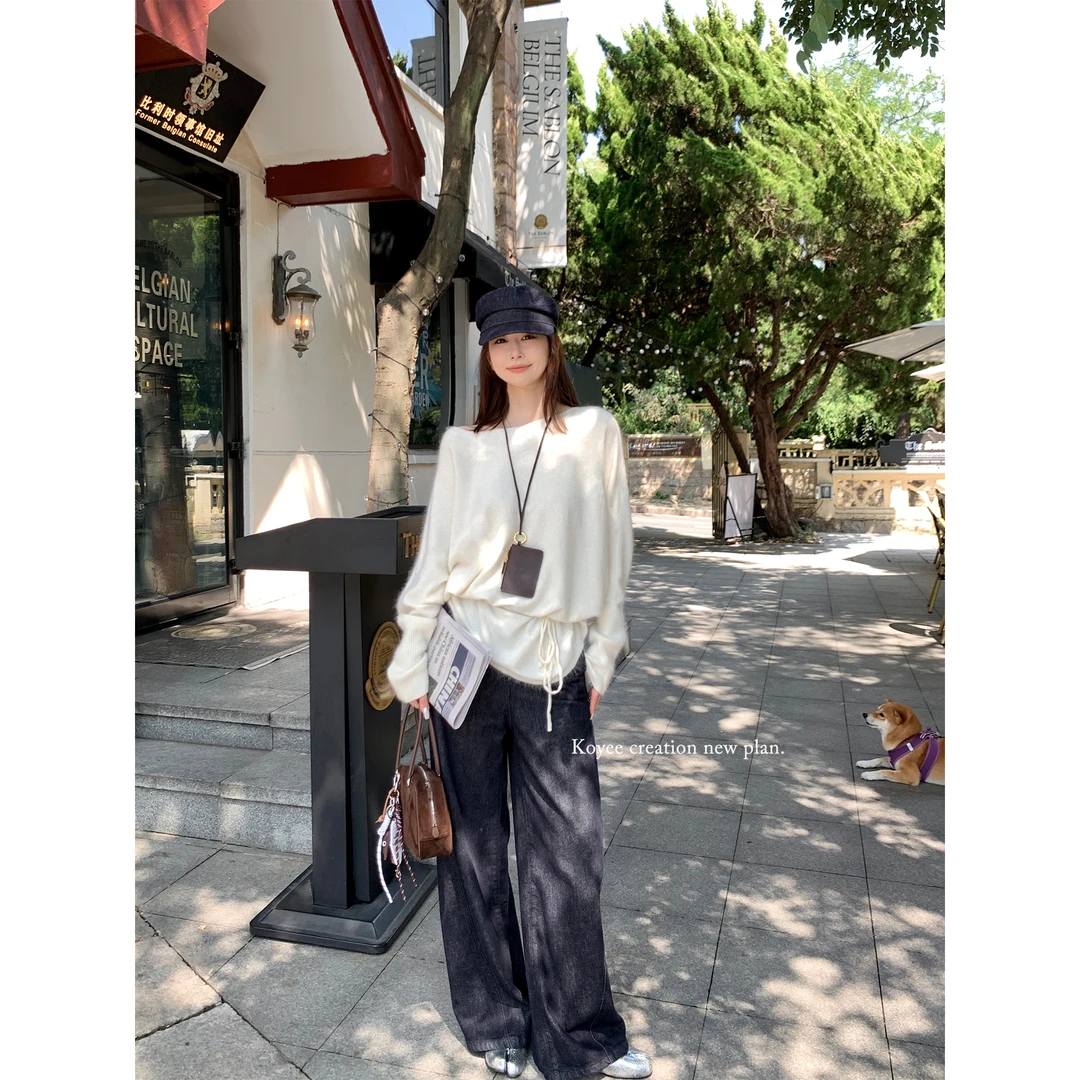 孔一粒 复古原色高腰直筒牛仔裤2024秋季N6909宽松显瘦阔腿长裤