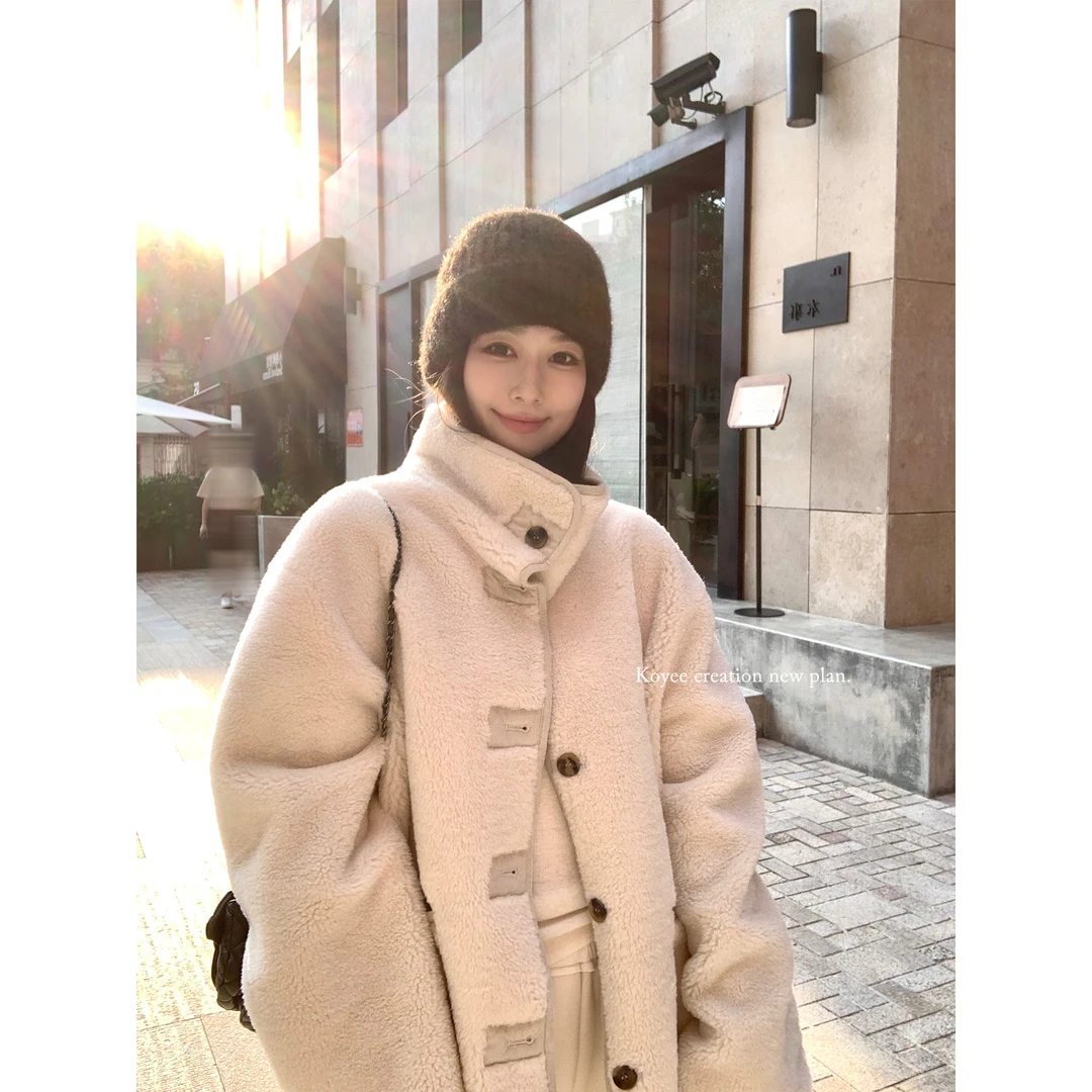 孔一粒 N8038皮毛一体外套女2024冬季新款休闲宽松加厚毛绒上衣