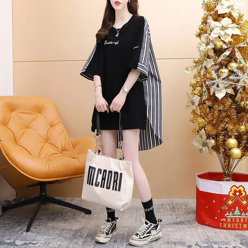 100%纯棉后包领中长款设计拼接条纹短袖T恤女新款夏宽松慵懒上衣