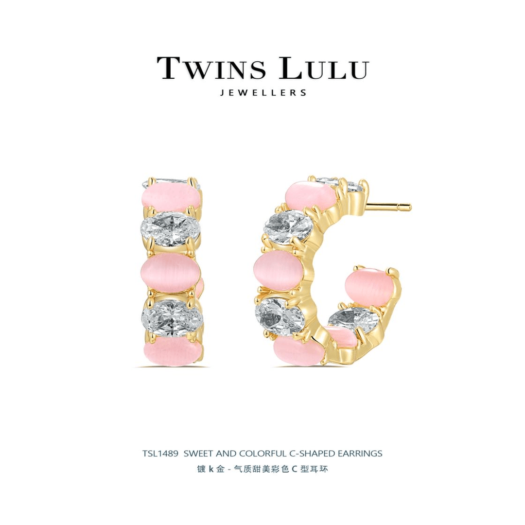 铜合金合成锆石耳饰 法式【逐梦】甜美百搭镶嵌C型耳环TSL1489
