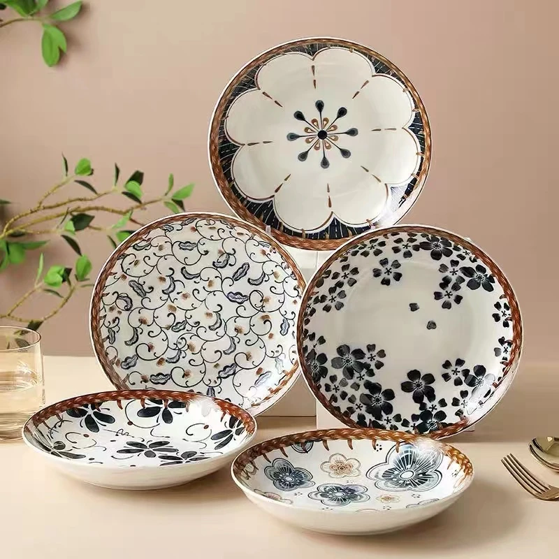 家用ins风 8英寸复古风餐盘陶瓷餐具六个装 菜盘汤菜盘  颜色随机