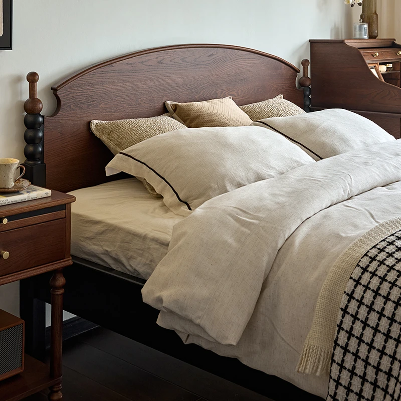 各各沃法式复古小耳实木床软包1米8双人主卧大床高端中古红橡木