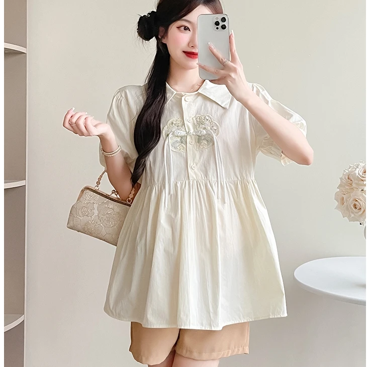 甜美孕妇气质新中式国风刺绣显瘦孕期娃娃装上衣翻领减龄大码衬衫