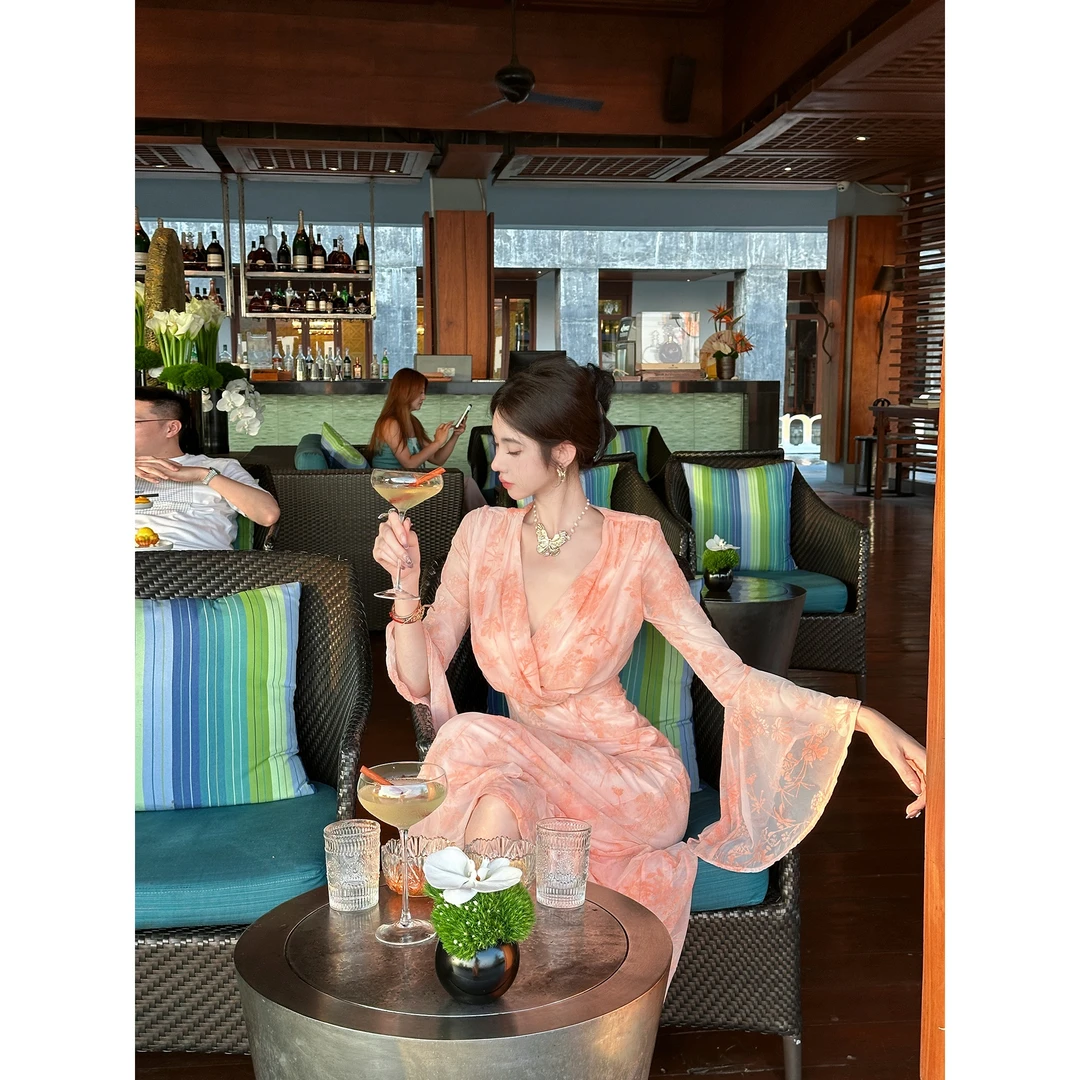 【雅乔定制】柔和桃扎染喇叭袖连衣裙度假长裙DYYK-24011616