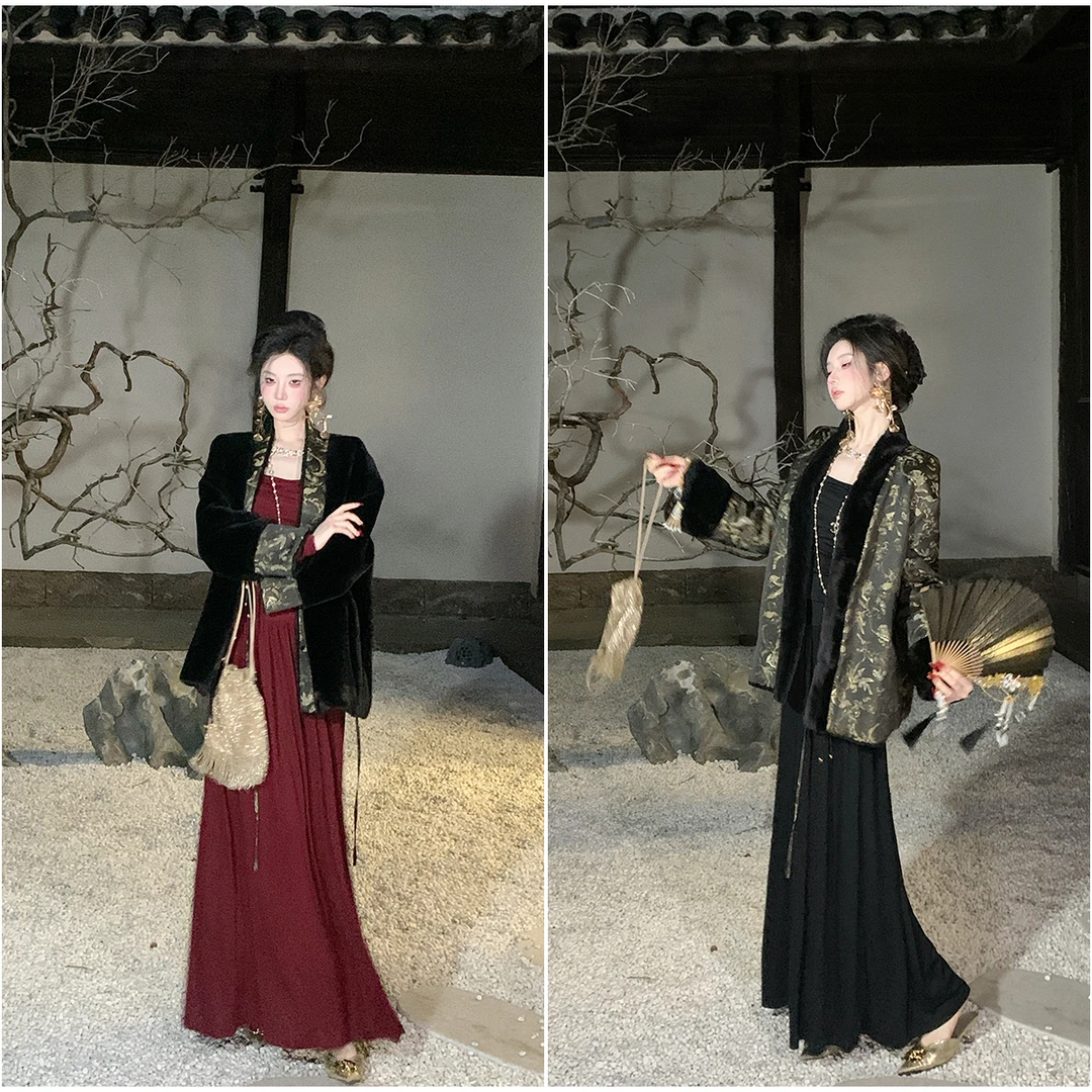 【雅乔定制】木兰 新中式国风黑金提花双面穿毛毛外套DYZY-24067291