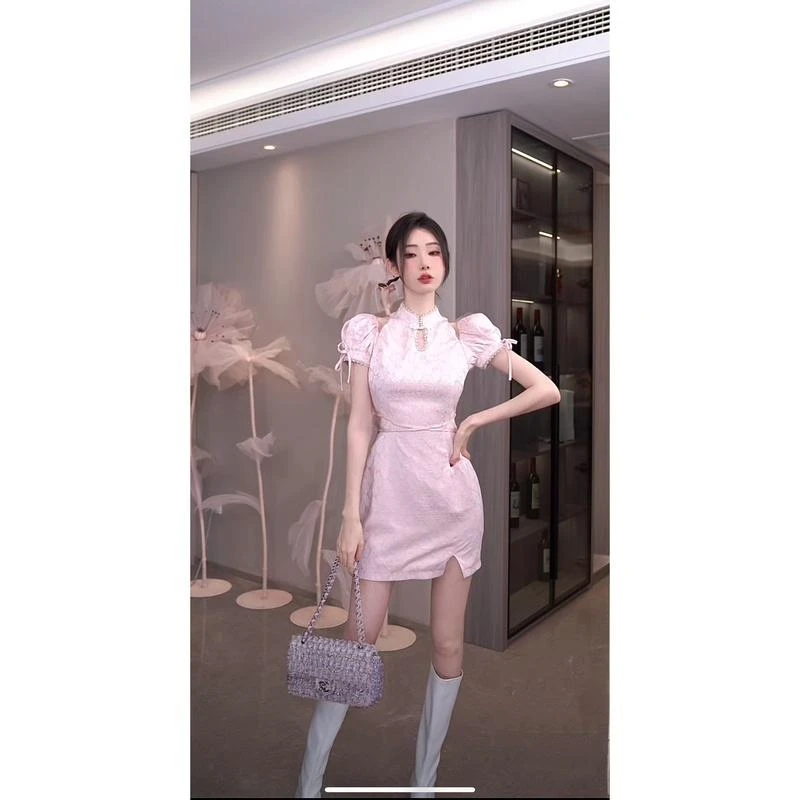 【雅乔定制】亲亲 粉色提花郁金香旗袍裙DYTY-23057155