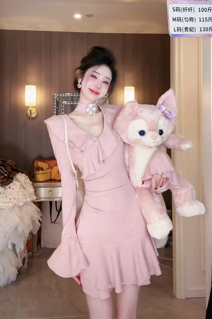 【雅乔定制】茶气小猫  V领荷叶摆针织连衣裙短裙DYYK-24081952