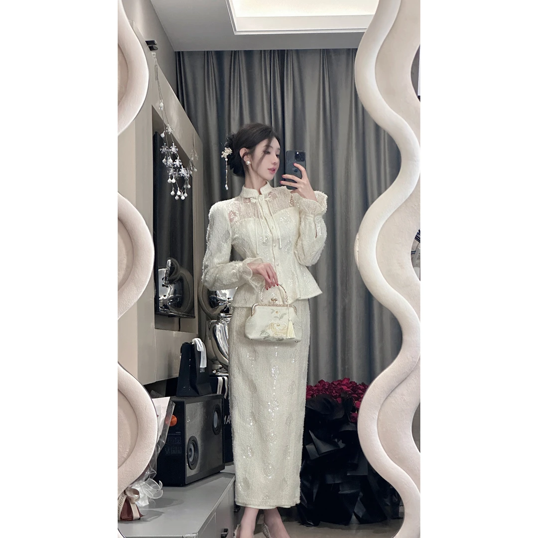 【相思】新中式亮片绣线蕾丝衬衫半裙套装上衣DYTH-23123201