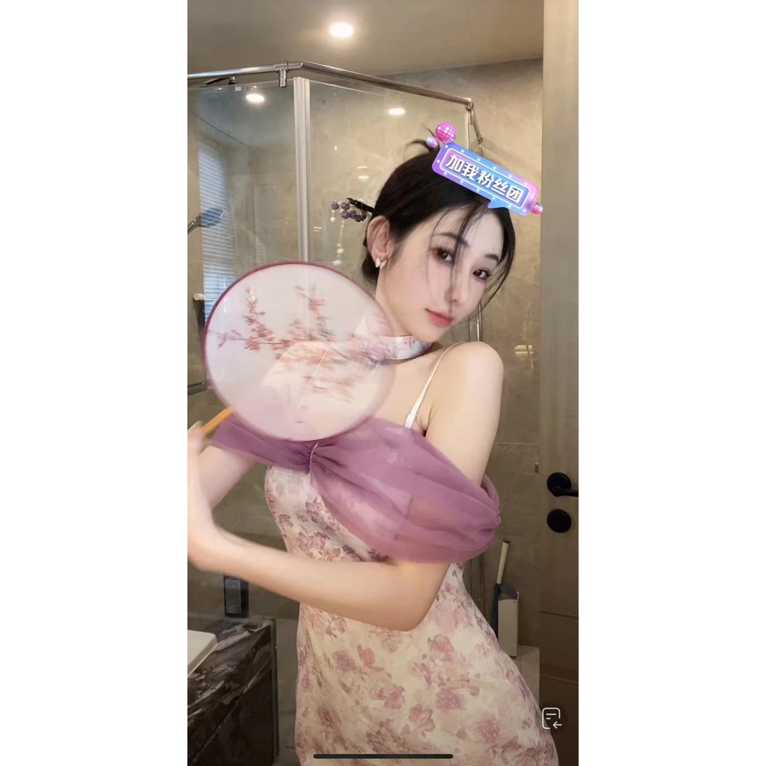 【雅乔定制-国风系列】海上月 印花网纱吊带连衣裙DYJF-22031727