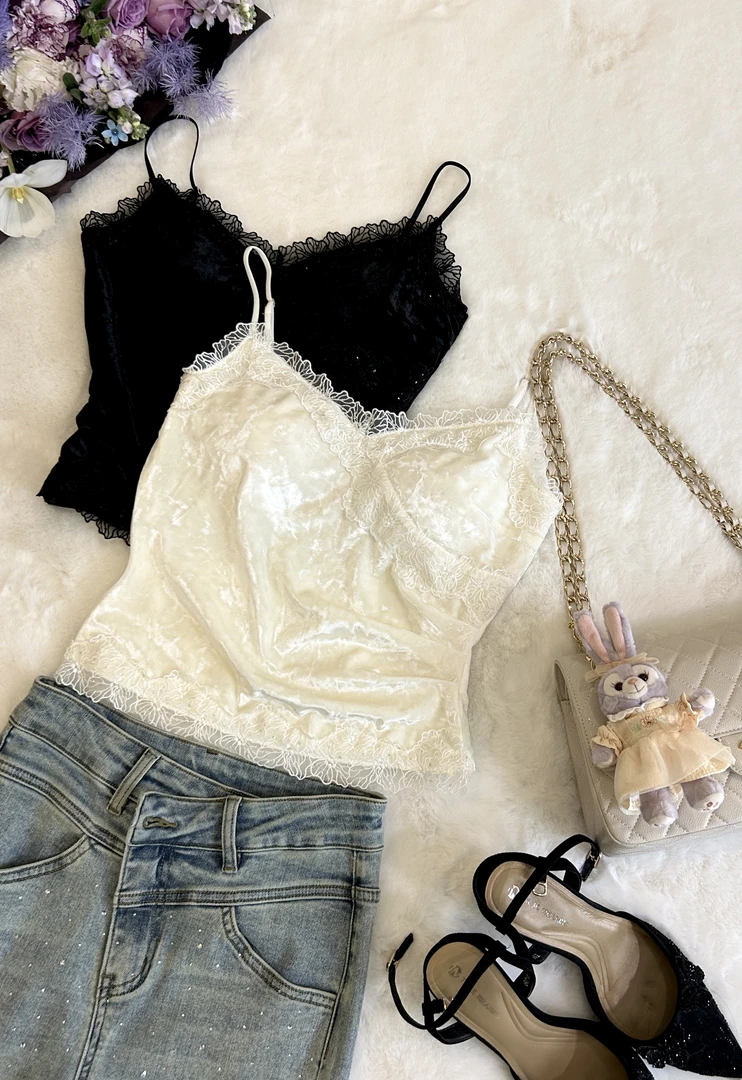 【雅乔定制】金钻丝绒拼蕾丝花边吊带背心DYCC-24108047