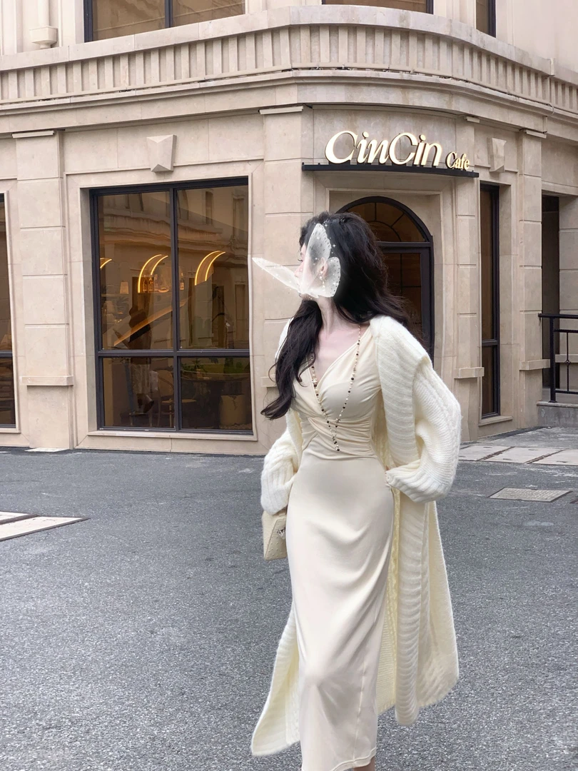 【雅乔定制】香氛泡芙 V领收腰扭结长袖连衣裙DYLL-24066348