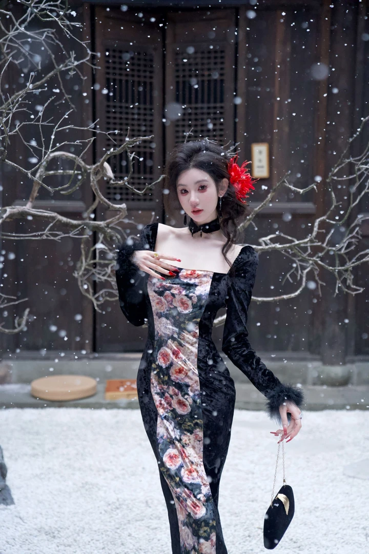 【雅乔定制】水墨一画 国风印花丝绒长袖连衣裙DYZY-24097379