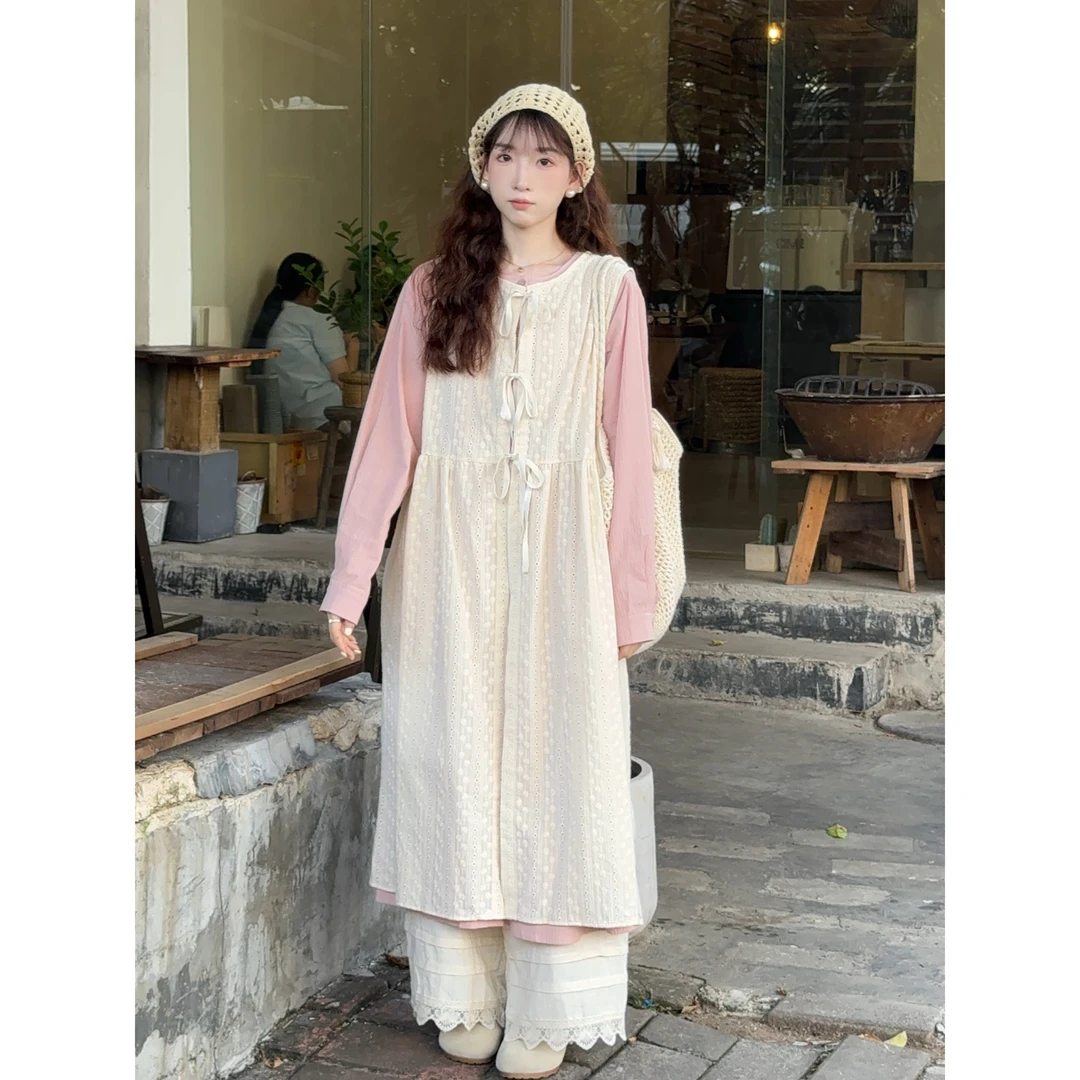 小冰涡 日系两面穿绑带刺绣叠穿罩衫裙