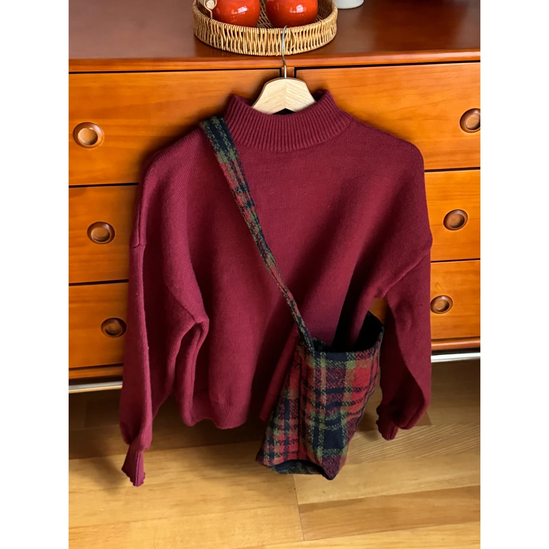 BING 复古格纹撞色毛呢背带裙搭宽松毛衣