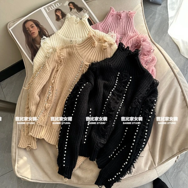 【京妮儿推荐】秋冬新款彩虹碎钻复古流苏设计感高领破洞毛衣4226