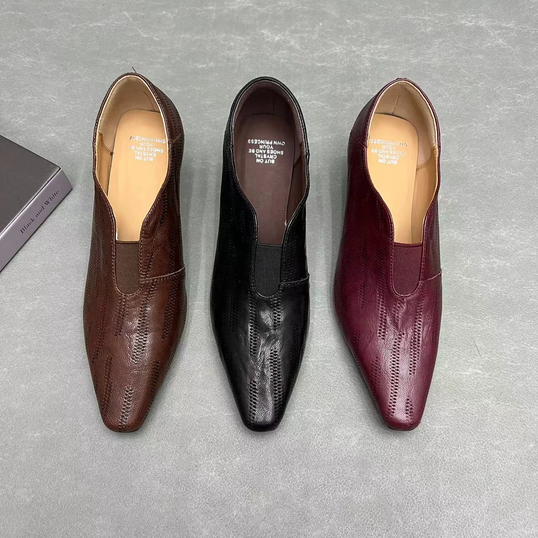 沐木跟高5厘米粗跟真皮羊皮深口女士单鞋秋冬新款百搭简约鞋气质