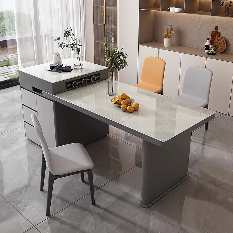 紫曼岛台餐桌一体可伸缩2024爆款家用多功能微晶石灰色餐桌椅组合