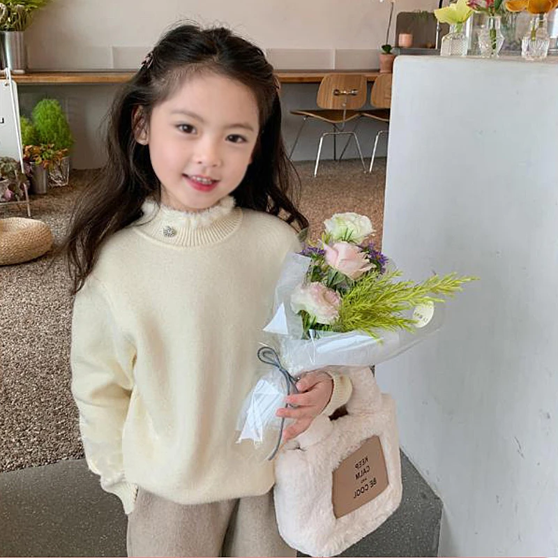 女童加绒毛衣冬季小女孩花边半高领打底针织衫儿童加厚一体绒毛衫