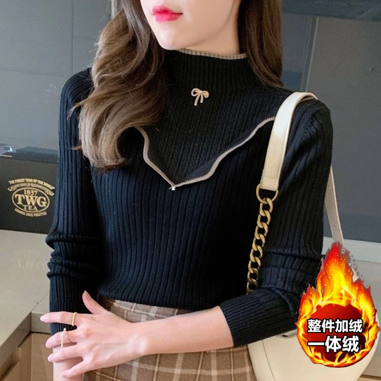 【一体绒】半高领针织衫女加绒加厚毛衣保暖网红长袖打底上衣1333