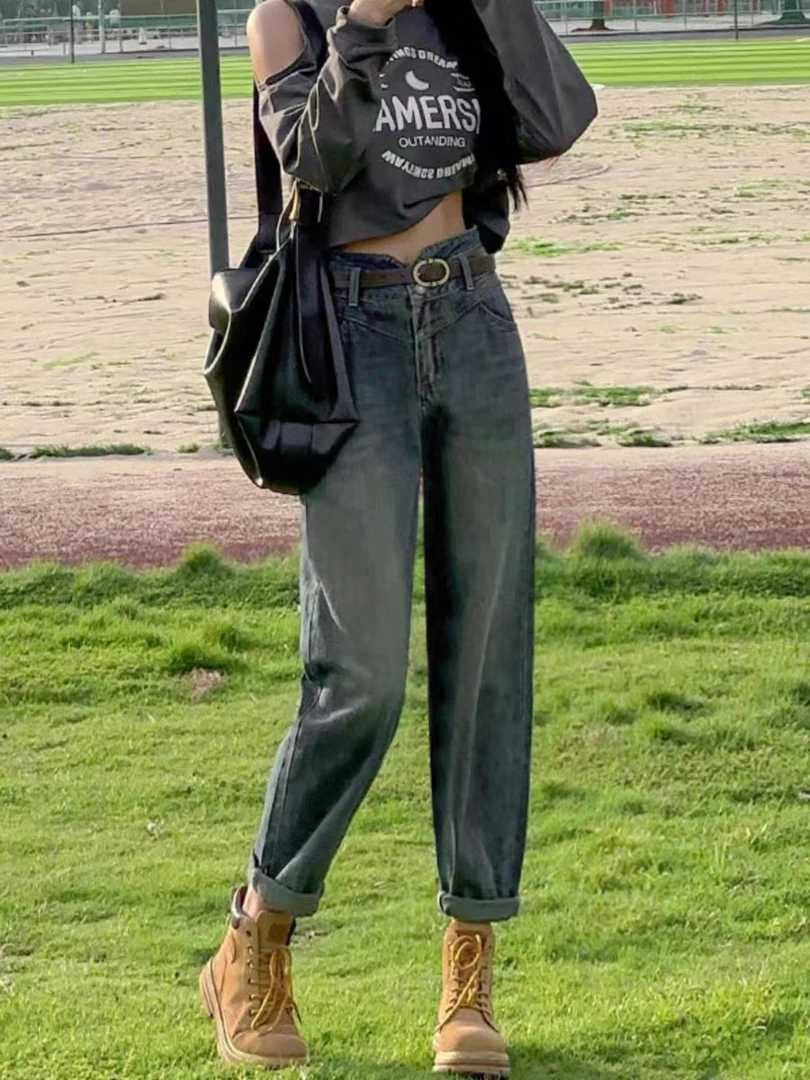 新款复古蓝怀旧韩版宽松百搭潮流显高显瘦高腰哈伦老爹裤女牛仔裤