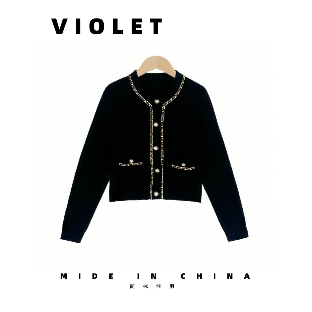 新款小香风气质名媛拼皮链条圆领双口袋针织开衫2830103