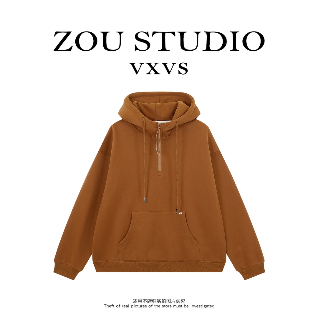 ZOU STUDIO VXVS 山林美学 新款纯色半拉链连帽卫衣(加绒)61081