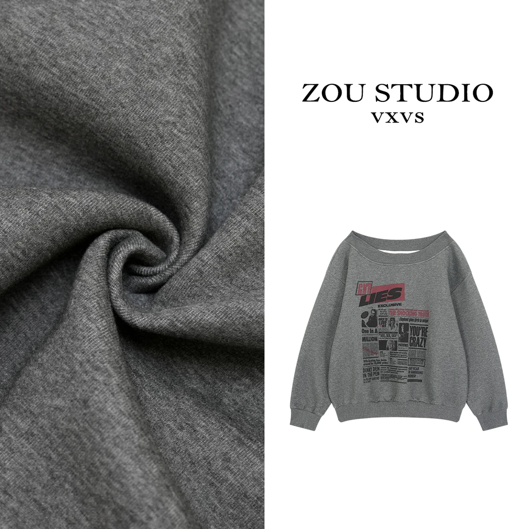 ZOU STUDIO VXVS 杂志画报 新款复古杂志画报斜肩卫衣99120