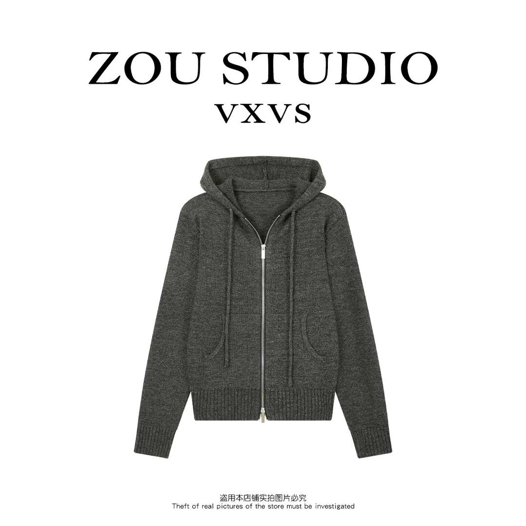 ZOU STUDIO VXVS  暖色调 新款软糯纯色连帽拉链开衫毛衣2087-1