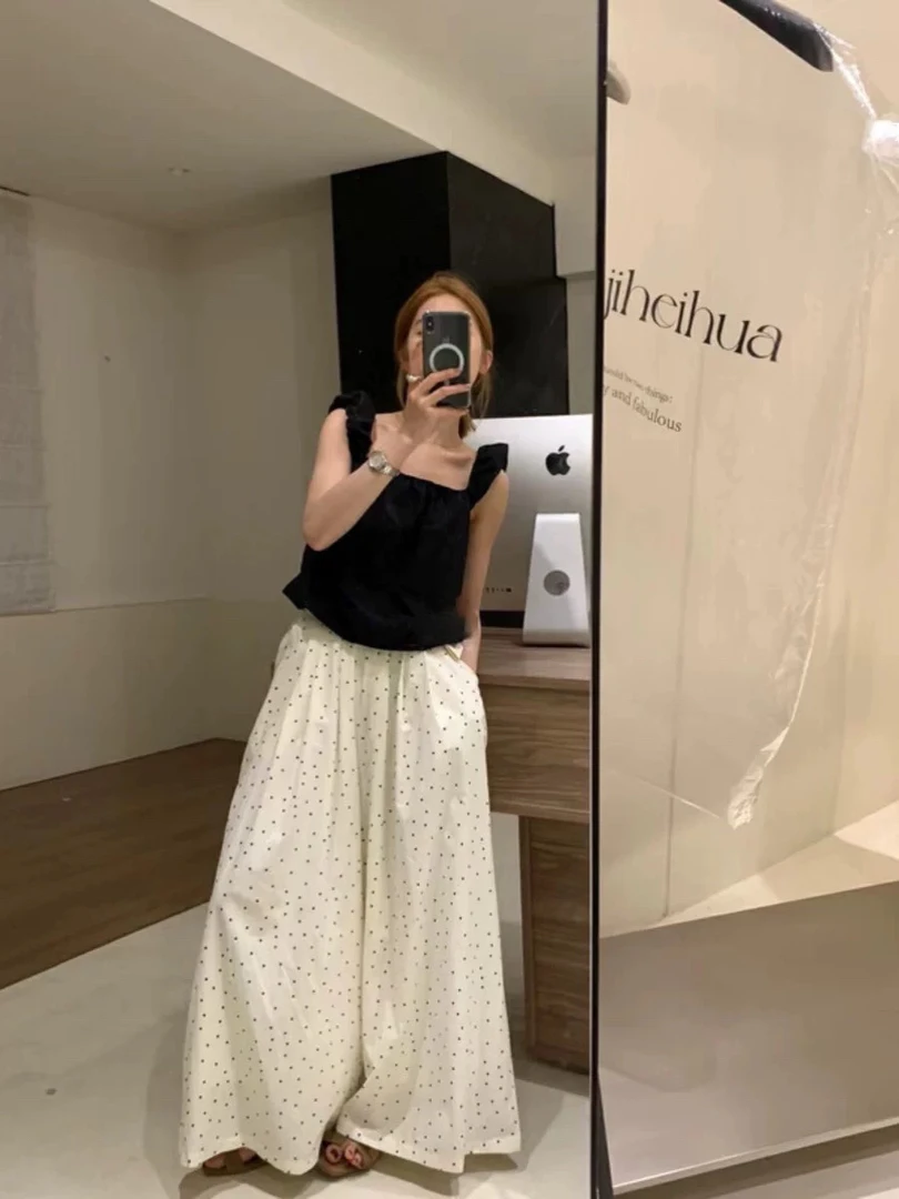 微胖mm显瘦松紧腰波点宽松四季高腰阔腿裤