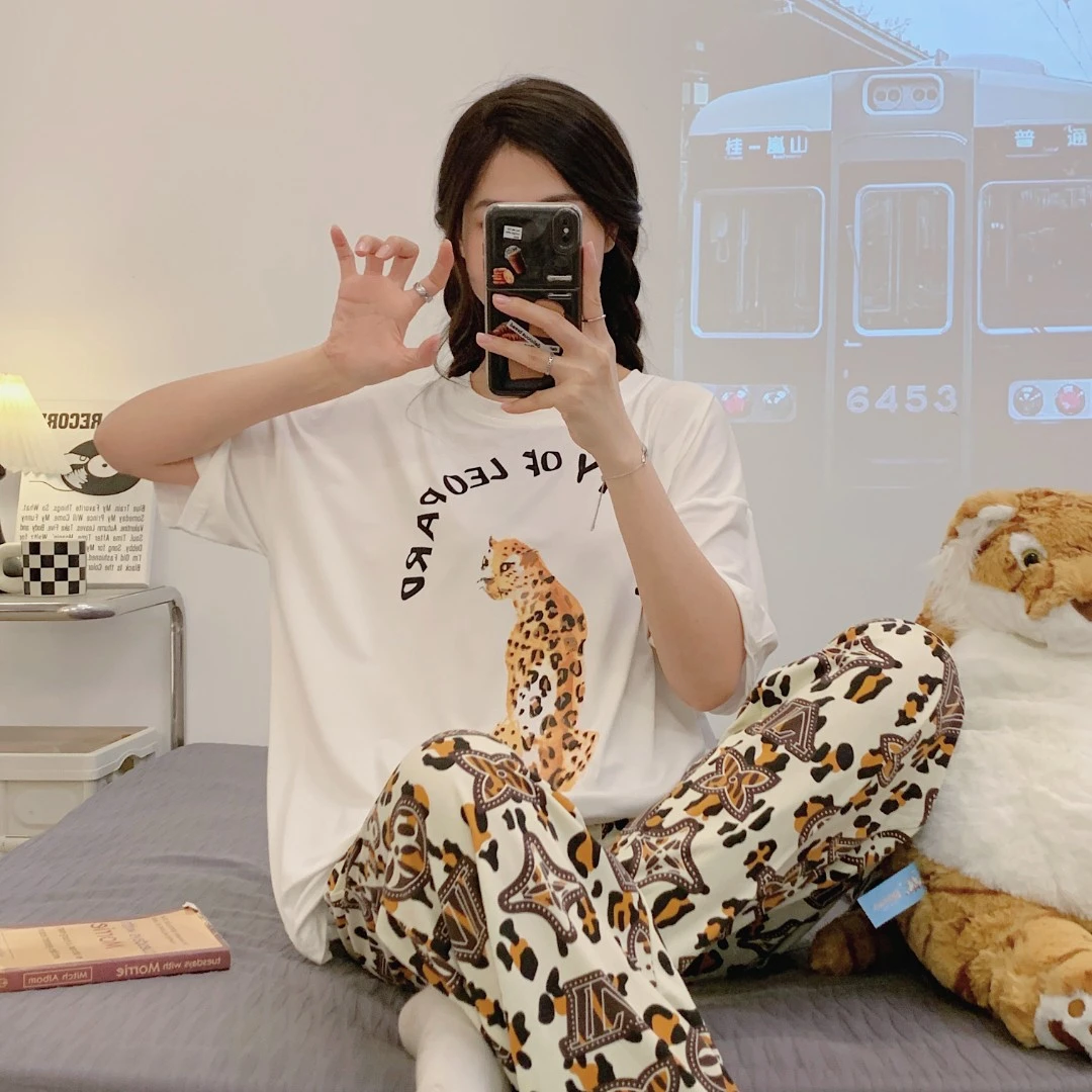 2023春夏新款圆领套头睡衣女套装短袖长裤短裤三件套休闲家居服