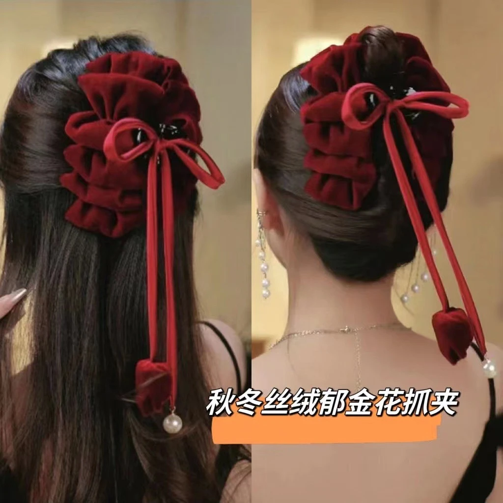 流苏丝绒大号抓夹女发量多发夹头饰超仙高级感后脑勺发夹ZJ295