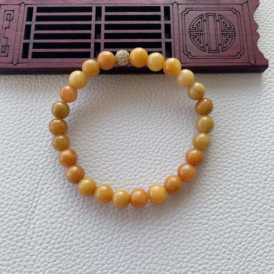 缅甸天然翡翠A货黄翡手串珠手链满黄蜜糖黄色手链尺寸卡8.523颗