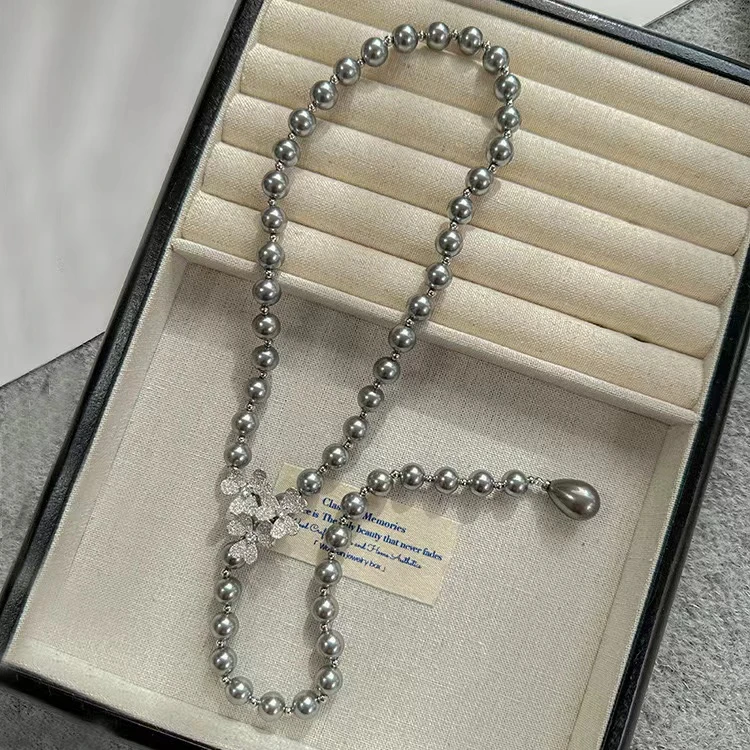 非金属仿珍珠项链 花朵施家珠珠长款毛衣链m057颈链小众百搭