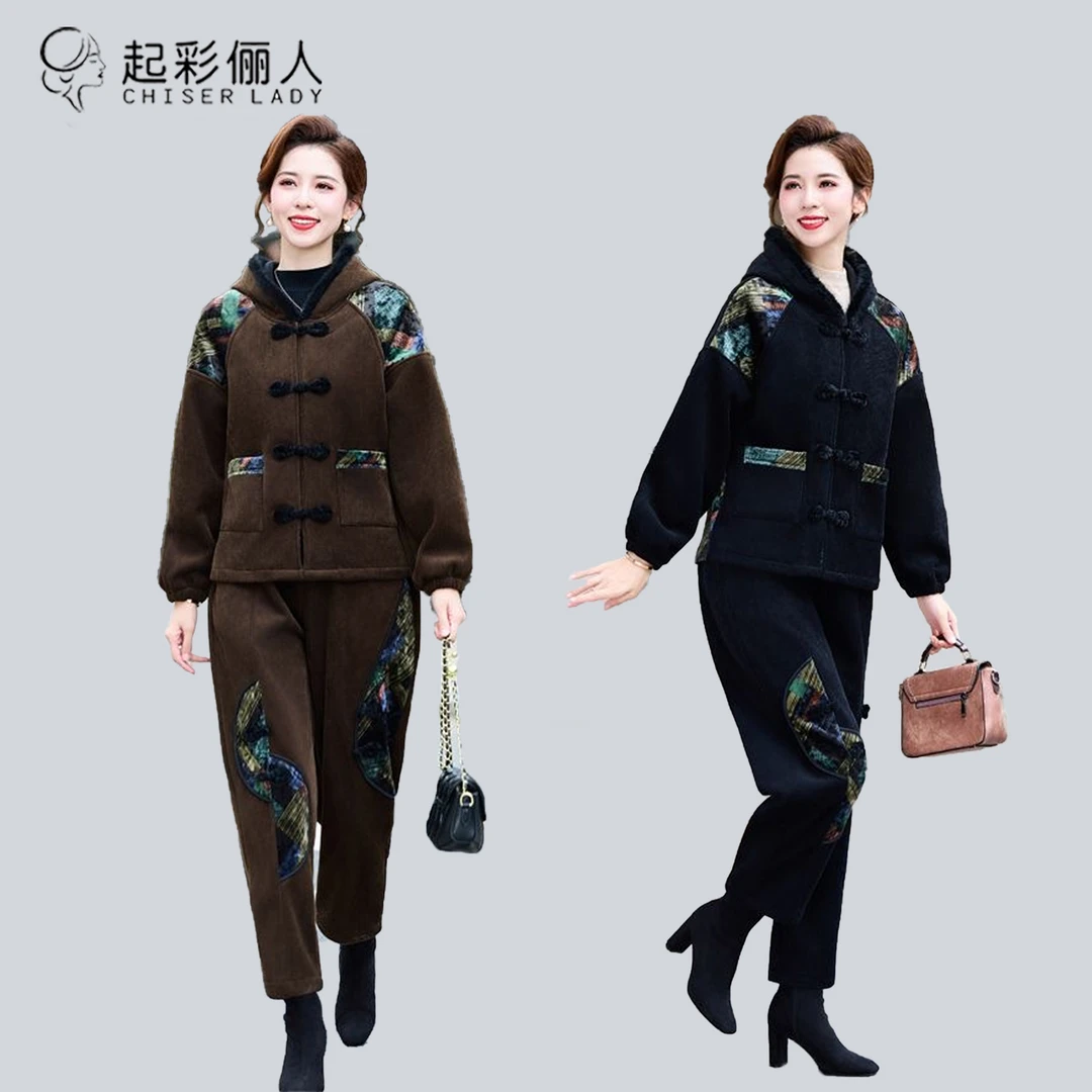 妈妈秋冬套装女新款洋气中老年灯芯绒加厚两件套