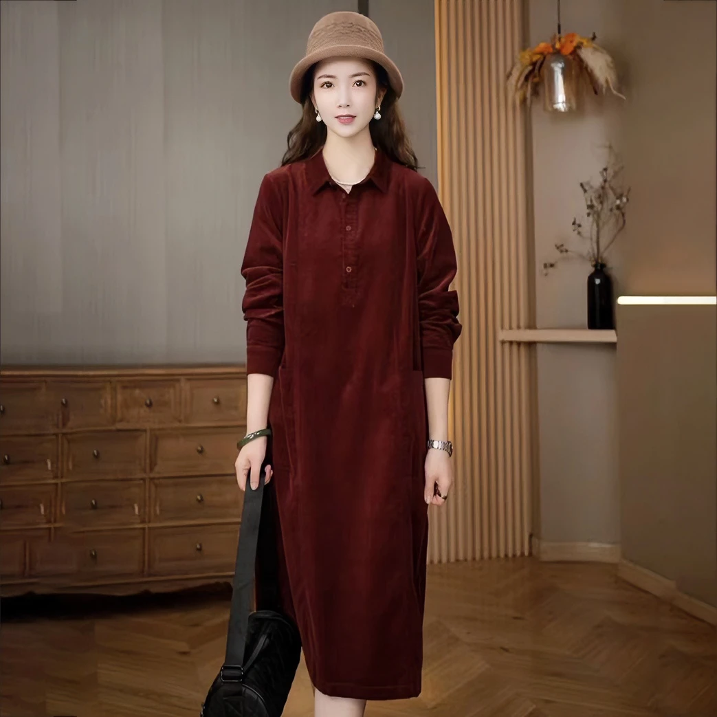 秋款女装新款连衣裙宽松大码高端减龄显瘦时尚大口袋厚款polo裙子