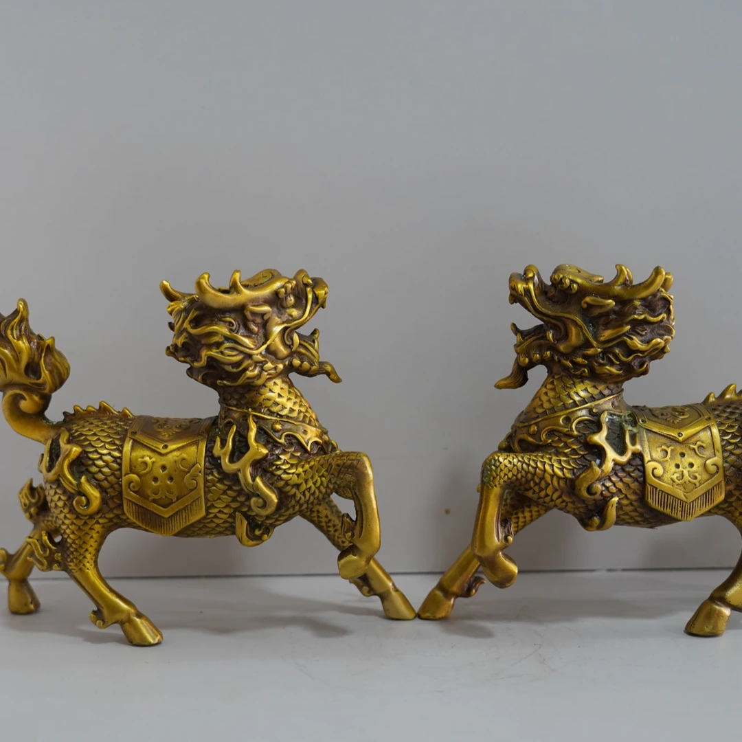 铜麒麟摆件一对公母黄铜麒麟客厅办公室工艺品摆件玄关摆设复古