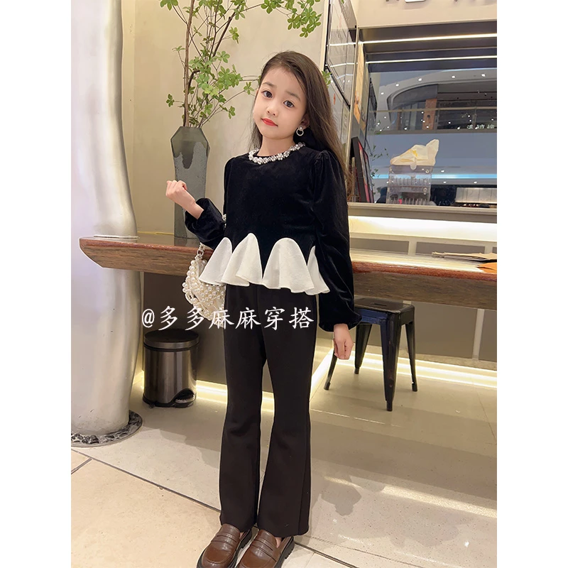 金丝绒童加绒连衣裙新款下摆不规则打底绒衫+加绒喇叭裤23810#