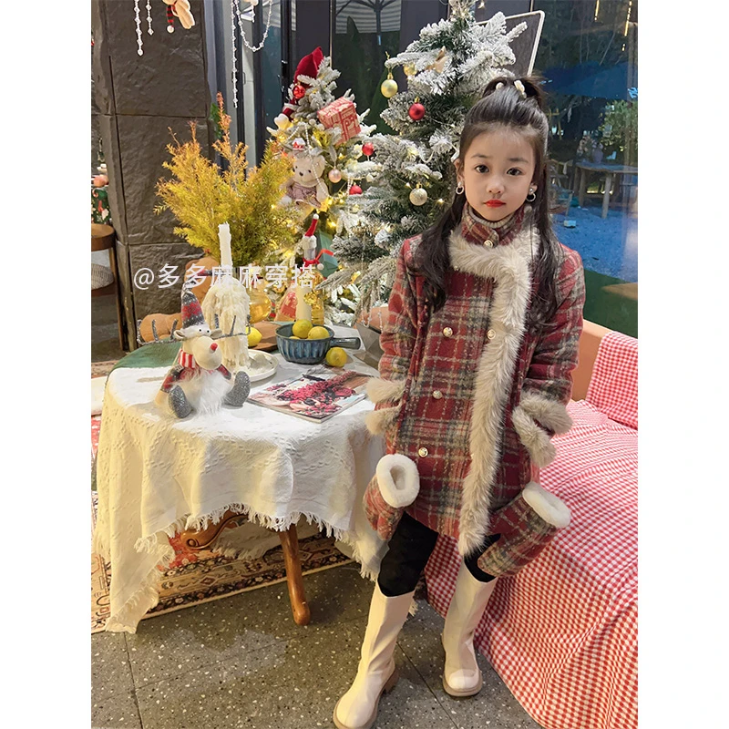 萌娃冬装加厚外套设计感格子圣诞款式百搭氛围感中长款上衣23856#