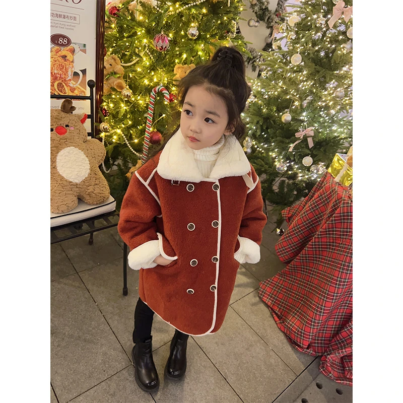 冬季女童中长款加厚加绒红色毛呢复合加厚外套大衣23608#