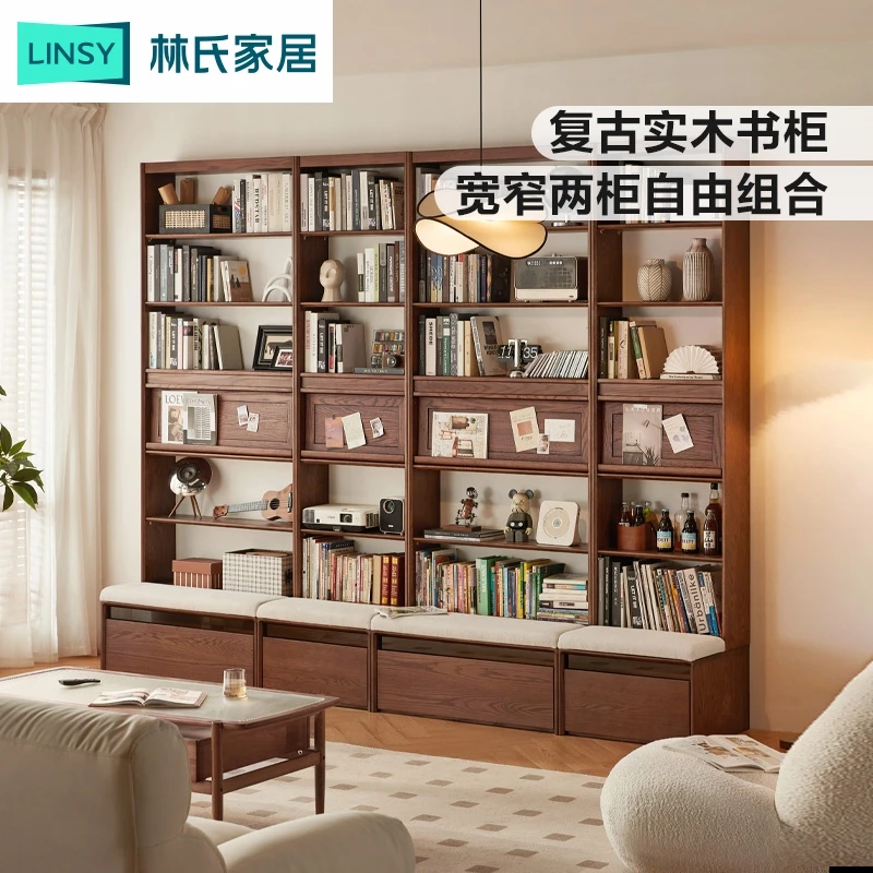 林氏家居橡木实木书柜一体整墙卡座柜子可可系列LH586X1 ZH多层
