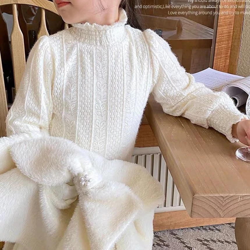 儿童童装女童加绒打底衫韩版洋气时尚儿童韩版网红女孩蕾丝