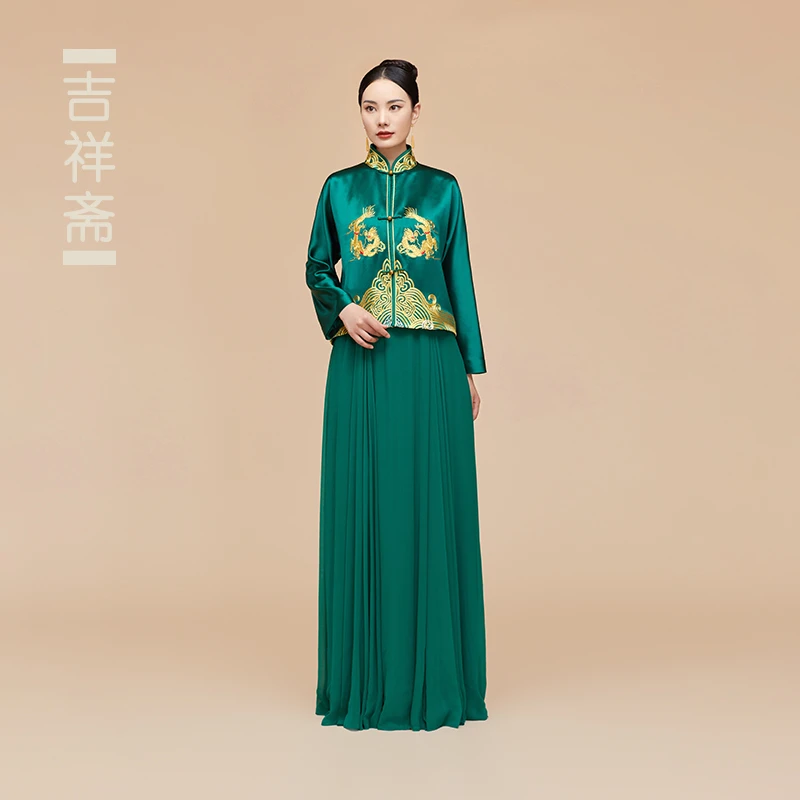 吉祥斋立领女装祥阙楼中式秋冬秋季绿色提花上衣+吊带裙