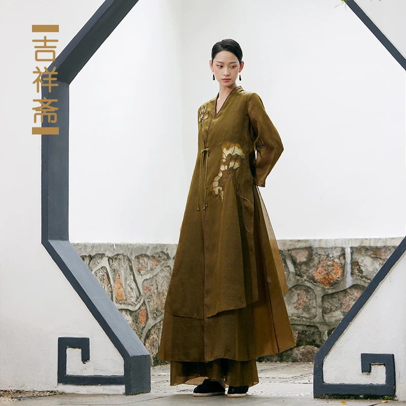 吉祥斋春季女装古风立领中式露芙蓉纱衣吊带裙绿色中国风中长款