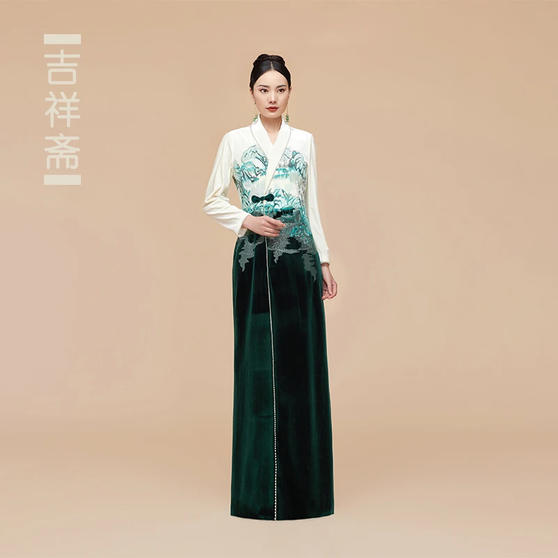 吉祥斋女装秋水一色大衣长袖长款外套气质中国风演出服服装舞台
